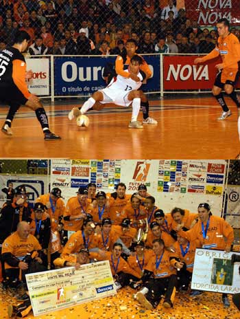 Photo 1: No hope for Jonas in the Carlos Barbosa*s trap - Photo 2: ACBF can celebrate: is the new Liga Futsal Winner! (Photo courtesy: Jo�o Pires)