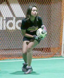 Anies playing as goalkeeper in a women futsal tournament at Sports Planet in Ampang recently (Photo courtesy: The Star On line)