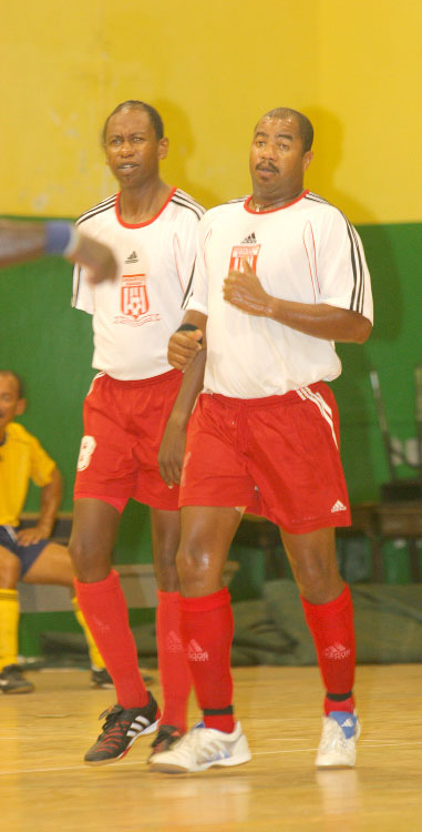 Kevin Davies, right, and Stephen Davies, top goal scorers for Cavalier FC in match versus United FC (Photo courtesy: Tim Aylen)
