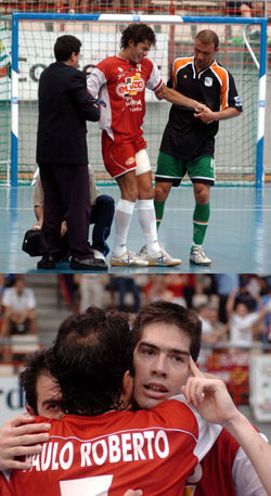 Photo 1: Futsal is fair play: Schumacher help Balo, injured - Photo 2: Kike, Paulo Roberto and Fran Serrejon, together to win (Photo courtesy: Enrique Serrano - LNFS)