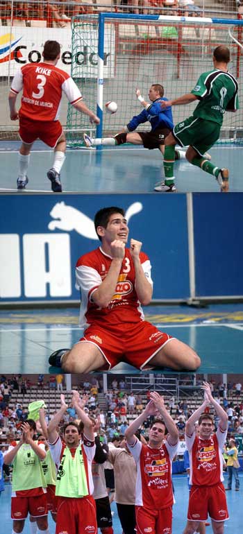 Photo 1: Kike is scoring the decisive goal - Photo 2: Kike celebrating the goal - Photo 3: El Pozo say thanks to their fans (Photo courtesy: Enrique Serrano - LNFS)