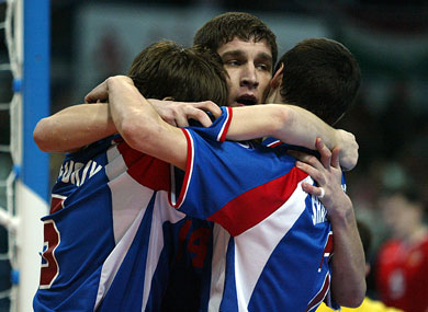 Foukine, Korol and Shayakhmetov celebrating the Russian victory (Photo courtesy: Joe Pepler - UEFA.com)