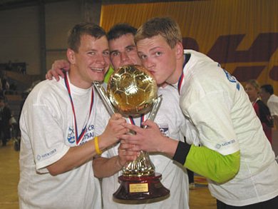 From the left: Tomas Hvolka, Marcel Ziga and Pavel Myska can hold the Czech champions trophy! (Photo courtesy: Luboslav Kapsa - Futsal-fifa.cz)