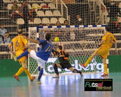Happy times: Dudu scoring a great goal vs Romania, during the Portugal 2007 European Champs (Photo courtesy: International Futsal Yearbook - UEFA Futsal Championship - Portugal 07)