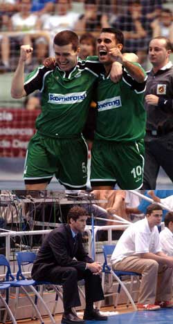 Opposite feelings: Orol and Joan celebrating the Boomerang victory, while a lonely Duda tries to understand what is wrong with his team (Photo courtesy: Enrique Serrano - LNFS)