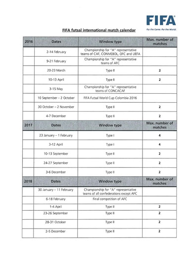 FIFA futsal international match calendar 2016-2020