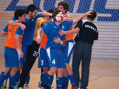Doukas School players celebrating their second win in the league (Photo courtesy: Costas Chryssafis - Sala News)