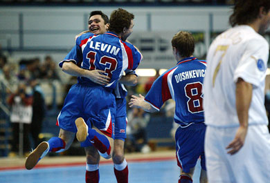 Levin just scored the fourth goal for Russia and celebrates it with his team mate at Dina Moscow, Markin (Photo courtesy: Joe Pepler - UEFA.com)