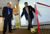 Datuk Ahmad Zahid Hamidi showing off his futsal skill after a press conference to introduce the "Jaguh Futsal" reality programme by RTM (Photo courtesy: Bernama)