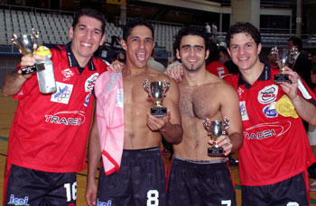 Leandro, Lucio, Leo and Eli, happiness! (Photo courtesy: Cedric Bouillon - Futsal Echo)