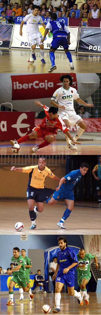 Simi (Car) vs Acidesio (Ben) - Fran Serrejon (Pozo) vs Marcelinho (DKV) - Cico (Cal) vs Clemilton (URJC) - Merino (Lugo) followed by Alexandre, Jordi Gay & Wilde (MRA) (Photo: Enrique Serrano - LNFS)