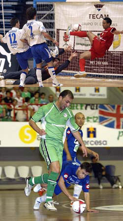 Toni, David and Alemao can only watch Kel scoring for Martorell - Schumacher against Arnaldo and Alexandre (Photo courtesy Enrique Serrano - LNFS)