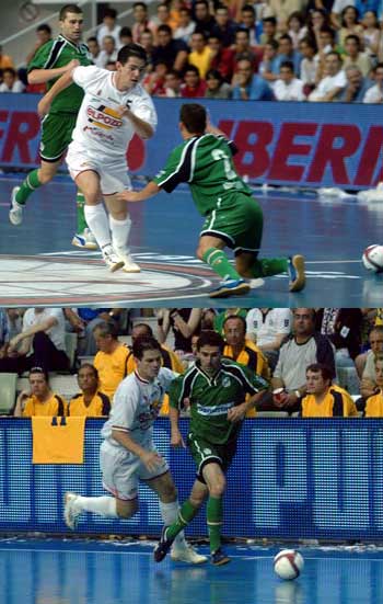 Photo 1: Marquinho is falling down while Lenisio is arriving! - Photo 2: Daniel is faster than Lenisio (Photo courtesy: Enrique Serrano - LNFS)