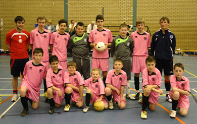 Middlesbrough Futsal Club Under 14 - Back row: Damon Shaw, Sam Clarke, Guido Battista, Mikey Crosby, Bradley Laver, Matty Soakell, James Bolton, Mikey Roberts. Front row: Charlie Raby, Youssef Elkiraa, Reece Reed, Arran Bollands (mascot), Liam Manuel, Lewis Bollands, Connor Smith (Photo courtesy: A. Diniz - Middlesbrough FC)
