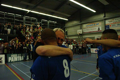This is fair play: Malabata coach Peter van Koolwijk hugs Kenneth Goudmijn at the end of the match (Photo courtesy: Leo Giovannangelo)