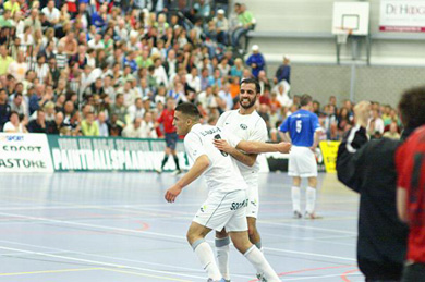 Ahannach (on the right) and Najib El Allouchi celebrating a goal for Malabata (Photo courtesy: Leo Giovannangelo)