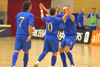 Italian delight: Vinicius, Foglia and Scala celebrating a goal for Azzurri (Photo courtesy: Leo Giovannangelo)