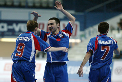 Ivanov, Malyshev and Khamadiyev: goal for Russia! (Photo courtesy: Joe Pepler - UEFA.com)