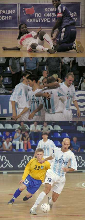 Photo 1 Brazilian duel between Edu (Spartak) and Serjao (TTG Java) - Photo 2 Norilsky Nickel celebrating a goal - Photo 3 Passarinho in action (Photo courtesy: http://www.superleague.ru)