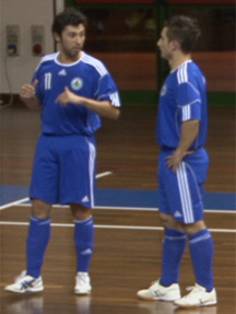 Matteo Michelotti (left) and Manuel Poggiali preparing a free-kick for San Marino (Photo courtesy: San Marino FA)