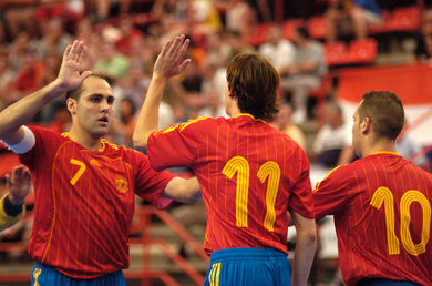 Spanish celebration: Javi Rodriguez, Borja and Dani Salgado (Photo courtesy: AP Photo - LNFS)
