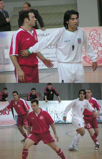 Duel between futsal giants: Serhyi Koridze and Vahid Shamsaee - No Russian players here: Koridze, Alex, Kak� and Shamsaee! (Photo courtesy: Superleague)