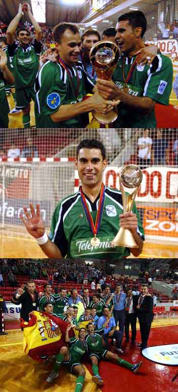 Photo 1: Marquinho, Joan and...Cup! - Photo 2: Joan seems to say: The fourth European cup in my career!  Photo 3: Boomerang celebrating the victory (Photo courtesy: Enrique Serrano - LNFS)