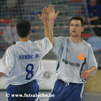 Simic and Lakoseljac celebrating the Slovenian goal (Photo courtesy: Cedric Bouillon - Futsal Echo)