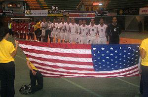 The U.S. Futsal National Team lines up for the national anthem before playing Panama (Photo courtesy: US Soccer.com)