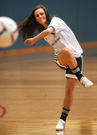 Victorian futsal player Lauren Grabowski tests out the local centre*s facilities (Photo courtesy: Geelong Advertiser)